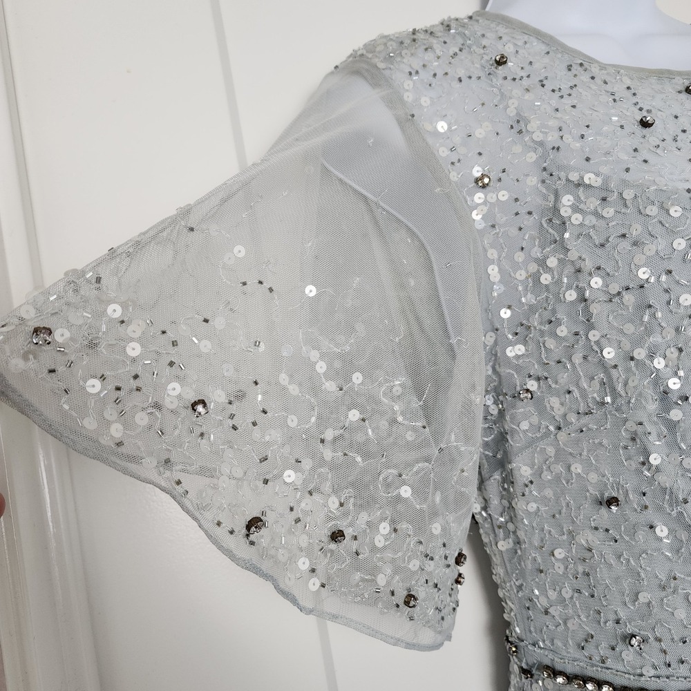 Mac Duggal Cape Sleeve Beaded Midi Dress Powder Blue Silver Ethereal Glam 6 $598 - Picture 7 of 16